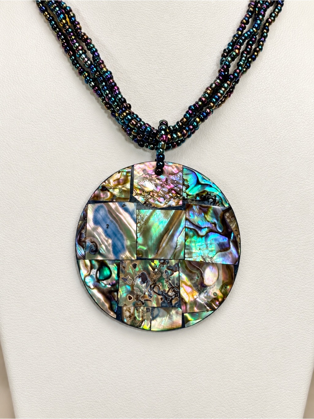 Iridescent Abalone Mosaic Round Pendant Necklace